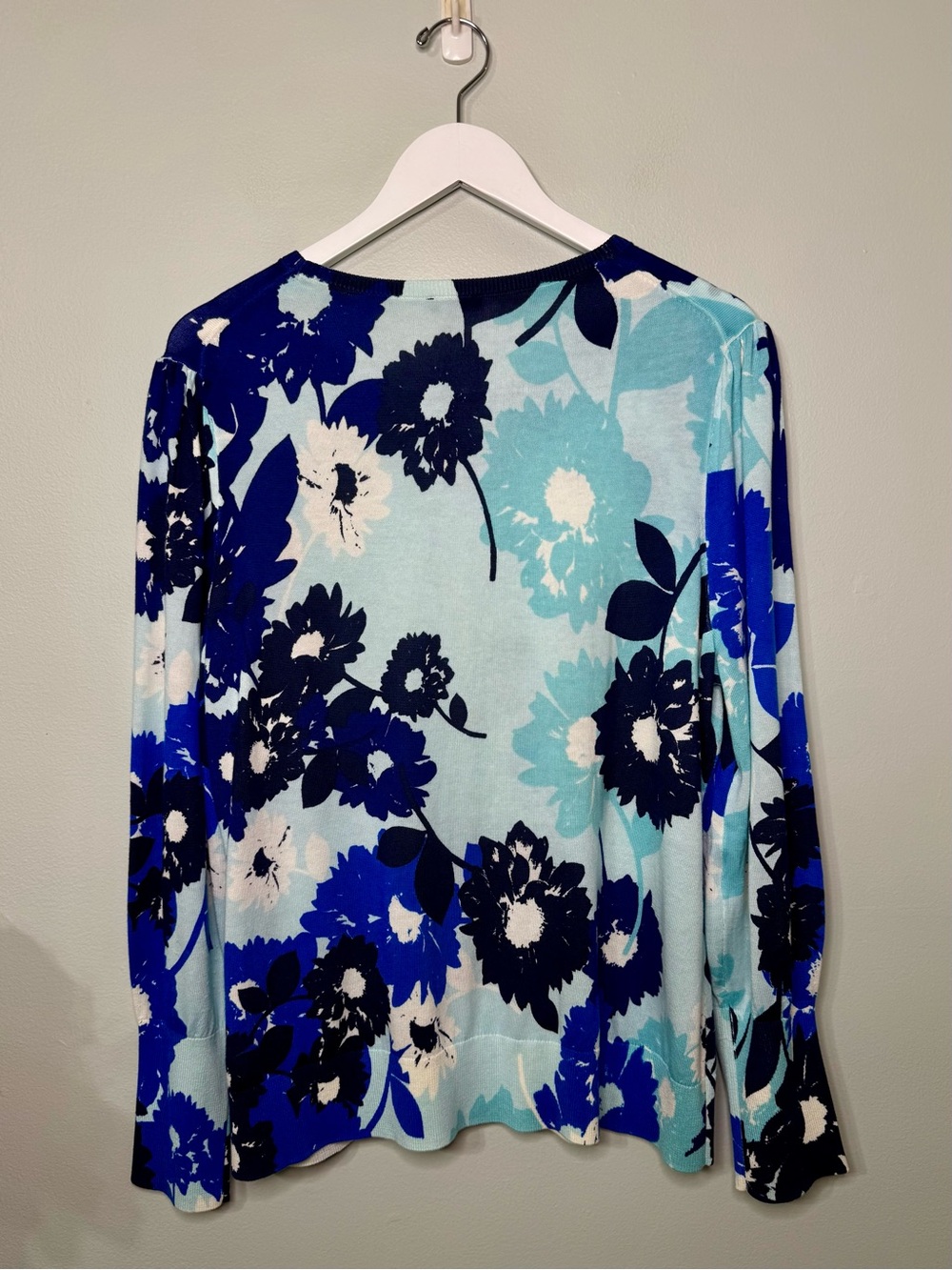 Talbots Blue Abstract Floral Puff Sleeve Sweater Lightweight Cotton Size XL - Picture 10 of 12